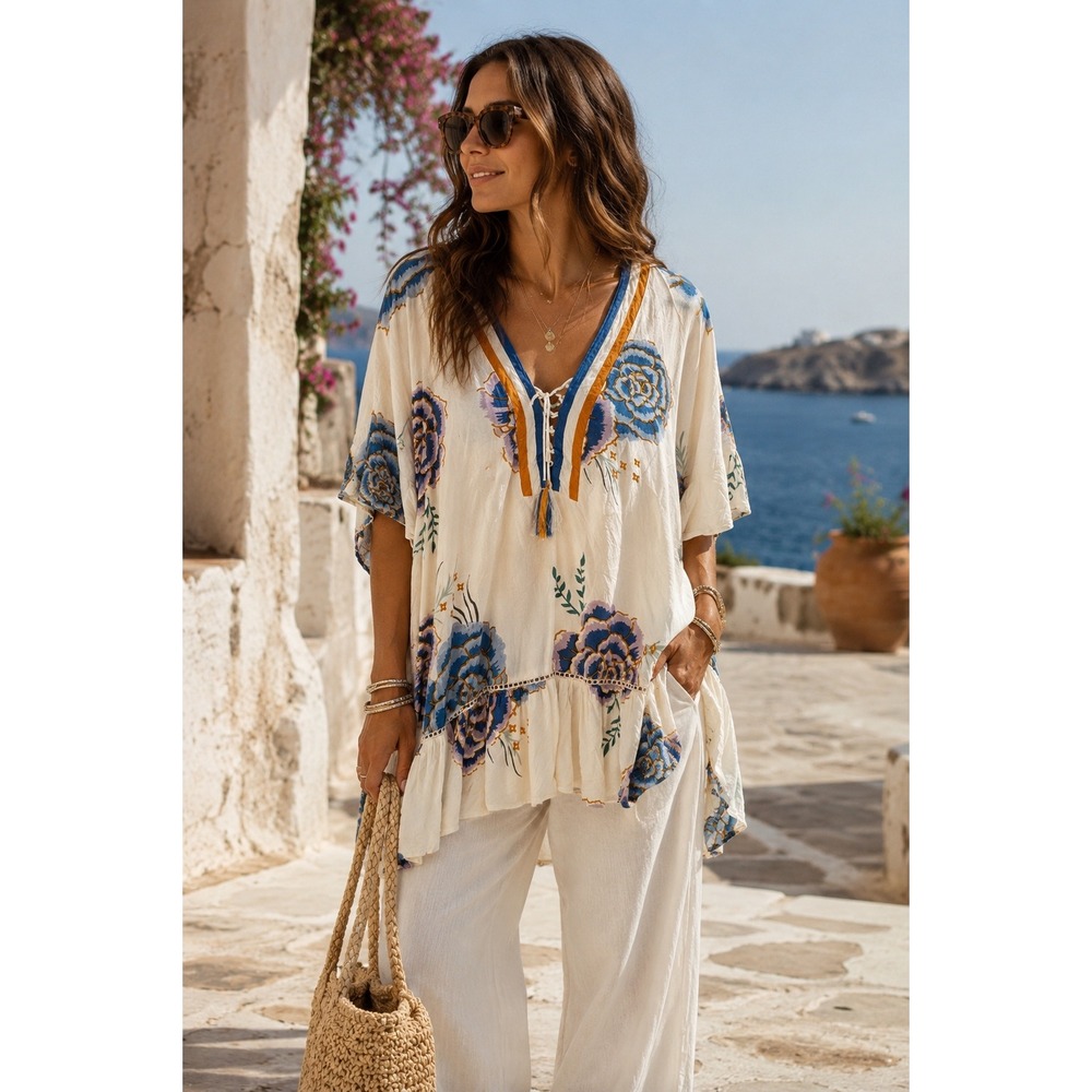 Z&L Europe Floral Boho Tunic Top OS Blue Ivory‎ Peasant Resort Caftan